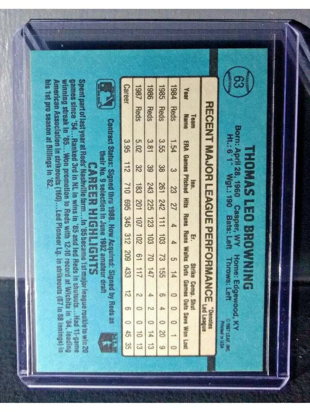 1988 Tom Browning Donruss #63 Baseball Card
